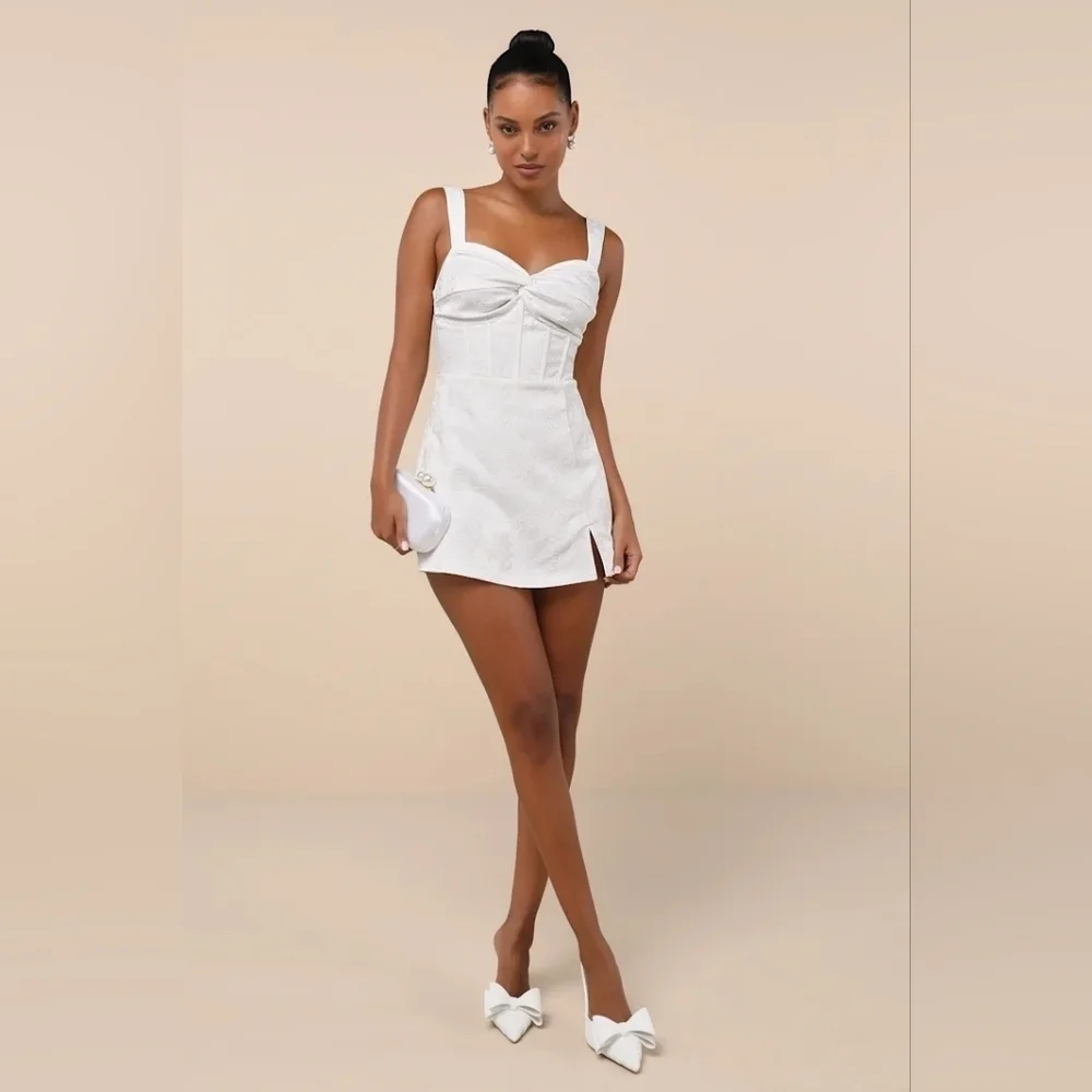 Lulus Elevated Composure White Jacquard Bustier Skort Romper L Wedding Bridal